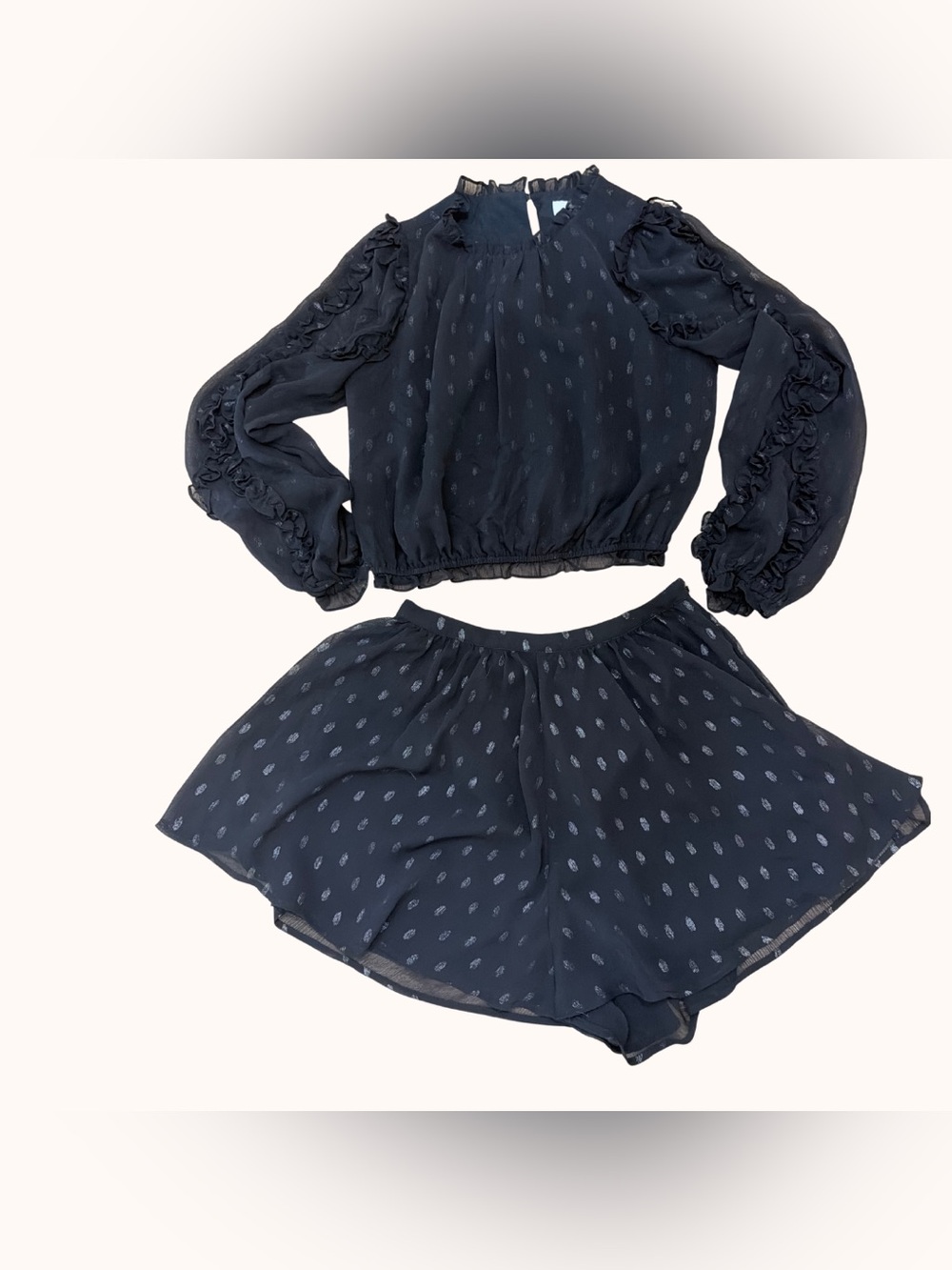 ALI & JAY Navy Printed Ruffle Sleeve Top with Matching Shorts